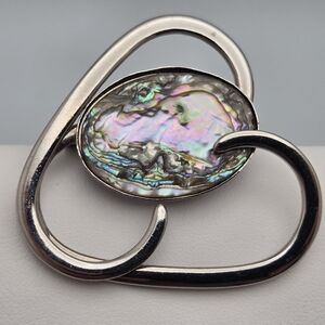 Silver-Tone Oval Abalone Shell Brooch Circular Design Statement Timeless Elegant
